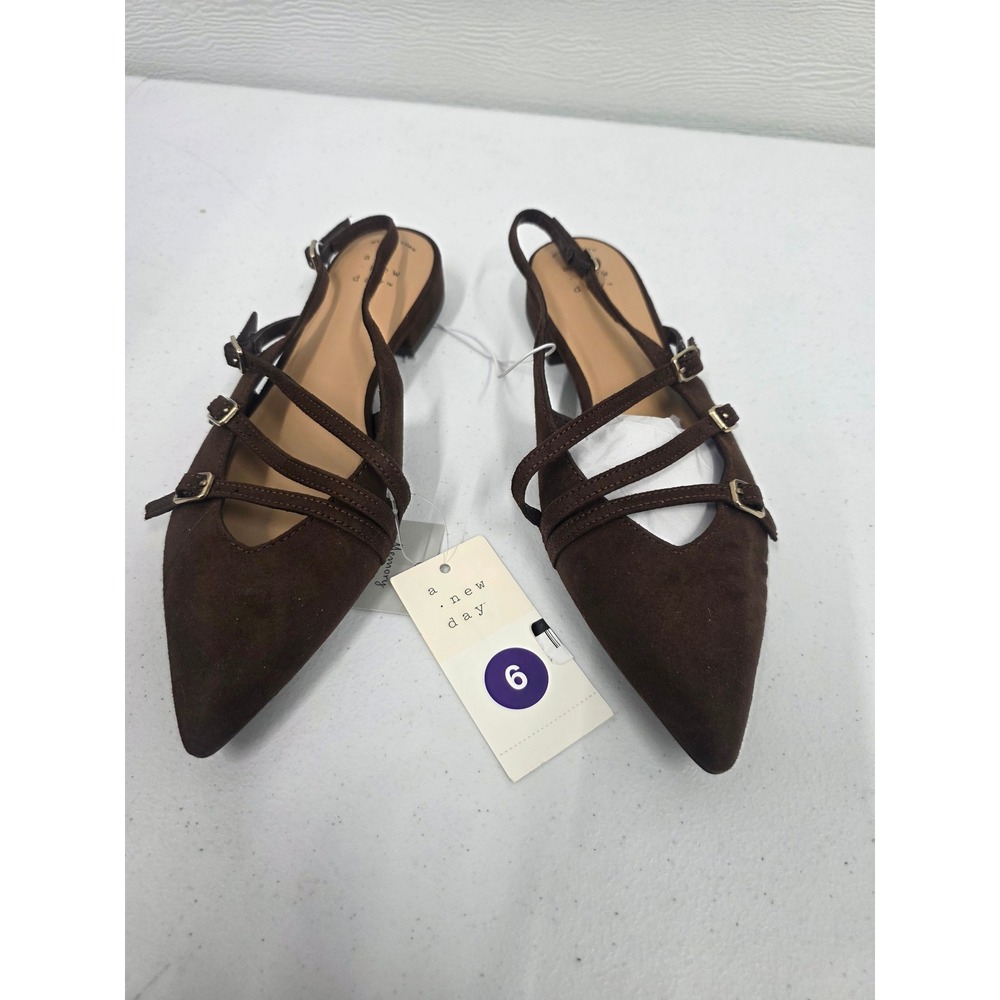 A New Day Brown Faux Suede Multi Buckle Strap Slingback Pointed Toe Flats 6